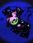 2PCS Girls' Glow-in-the-dark Unicorn Print Short Sleeve Crew Neck Tee And Shorts Pajama Set Preppy Style Sleepwear Suit