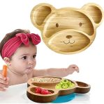 Bamboo Plates For Kids - Baby & Toddler Plates With Suction For Feeding & Weaning Eco-friendly Bear Design Promotes Self-feeding