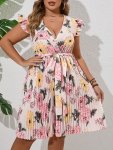 Plus Size Floral Print Pleated Belted Dress Vacation Style Flutter Sleeve Surplice Neck Dress For Spring & Summer Women's Plus S
