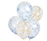 12" Clear Balloons With Gold And Blue Circle Confetti - Pack Of 5
