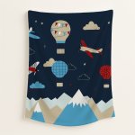 Transport Personalised Fleece Blanket Hand Drawn Blue Planes And Air Balloon