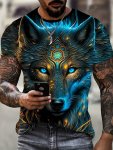 Wolf Print T-Shirt Men's Casual Street Style Stretch Round Neck Tee Shirt For Summer