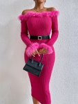 Faux Fur Trim Off-shoulder Dress Elegant Solid Color Long Sleeve Slim Dress Women's Clothing