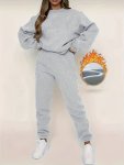 Chic Solid Two-piece Set - Relaxed Fit Crew Neck Tops & Drawstring Jogger Pants Outfit - Fashionable Womens Casual Wear For Fall