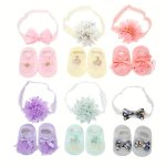 1 Set Of Baby Girls' Cotton Blend Fashion Lace & Bow Design Low-cut Socks & Hairbands Comfy & Breathable Soft & Elastic Sets For