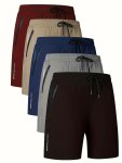 5PCS Men's Casual Sports Shorts With Zipper Pockets Quick-dry Active Training Running Shorts With Elastic Waist & Drawstring
