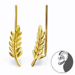 C531-C28626 Gold Plated Over Sterling Silver Leaf Ear Pin Earings 6X18MM