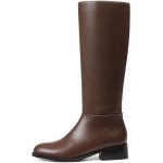 Mattiventon Knee High Boots For Women Fashion Brown Leather Boots With Round Toe Low Heel Flats Side Zip Stretch Long Tall Boot