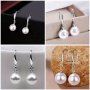 Elegant Sterling Silver 925 Hook Earrings With Round Faux Pearls Luxurious Lightweight Dangle Ear Jewelry For Women