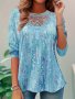 Plus Size Allover Print Lace Stitching T-shirt Elegant Long Sleeve Top For Spring & Fall Women's Plus Size Clothing