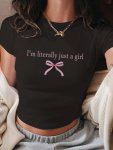 Letter & Bow Print Crew Neck T-Shirt Casual Short Sleeve Crop Top For Spring & Summer Women's Clothing