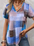 Geo Print T-Shirt Casual V Neck Short Sleeve Top For Spring & Summer Women's Clothing