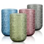 Joeyan Vintage Drinking Glasses Embossed Floral Highball Glass Water Tumbler 14 Oz Colored Beverages Juice Cocktail Beer Wine Gl