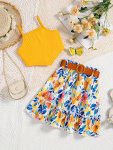 Holiday Style Girls Outfit Crop Cami Top + Flowers Print Belted Skirt Two-piece Summer Set
