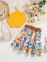 Holiday Style Girls Outfit Crop Cami Top + Flowers Print Belted Skirt Two-piece Summer Set