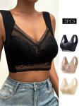 3PCS Contrast Lace Wireless Bras Comfy & Breathable Push Up Bra Women's Lingerie & Underwear