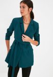 Regular Lined Tied Woven Blazer Jacket - Emerald Green
