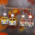 Charming Macaron-colored Flower School Bus Wooden Earrings - Double-sided Vintage Style For Women Perfect Graduation & Teacher A