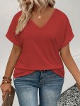Plus Size Simple Solid T-Shirt Casual V Neck Short Sleeve T-Shirt Women's Plus Sizeclothing