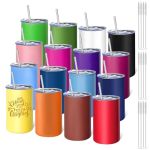 Youke Ola 16 Pack Stainless Steel Skinny Tumblers 12OZ - Bulk Straight Double Wall Vacuum Insulated Tumbler With Lid And Straw F