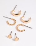 Goldair Gold Plain & Twist Stud Earring Pack