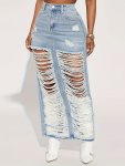 Ripped Holes Casual Denim Midi Skirt Slant Pockets Distressed Denim Skirt Women's Denim Clothing