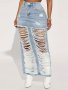 Ripped Holes Casual Denim Midi Skirt Slant Pockets Distressed Denim Skirt Women's Denim Clothing