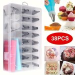 38PCS Stainless Steel Icing & Piping Tips Set With Storage Box 32 Nozzles 2 Converters 2 Flower Nails 2 Pastry Bags For Cake Dec