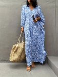 Plus Size Leopard Print 3 4 Sleeve Kaftan Dress Vacation Style V Neck Cover Up Longline Dress Women's Plus Size Clothing