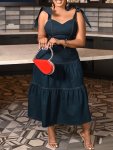 Elegant Plus Size Denim Dress Bowknot Shoulder Layered Ruffled Women's Fashion Tie-shoulder Midi Jean Dress