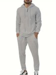2PCS Men's Long Sleeve Hoodie + Pants Co-ord Set Solid Color Waffle Knit Casual Suit Clothes For Autumn