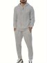 2pcs Men's Long Sleeve Hoodie + Pants Co-ord Set Solid Color Waffle Knit Casual Suit Clothes For Autumn
