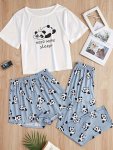 Cartoon Panda Print Pajamas Set Short Sleeve Crew Neck Top & Shorts & Pants Women's Sleepwear & Loungewear