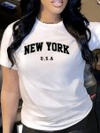 Letter Print Crew Neck T-Shirt Casual Short Sleeve T-Shirt For Spring & Summer Women's Clothing