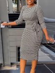 Houndstooth Print Split Dress Casual 3 4 Sleeve Bodycon Dress Women's Clothing