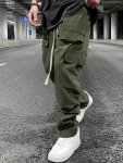 Casual Solid Men's Loose Fit Drawstring Cargo Pants With Multiple Pockets All Seasons Outdoor Leisure And Work