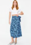 Floral Pattern Midi Woven Skirt - Blue