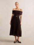 Capri Bardot Pleat Hem Midi Dress - 18 Chocolate