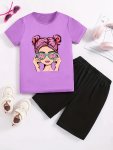 Chic Portrait Print Two-piece Set Graphic T-Shirt + Shorts Casual Summer Set Girls Outfits