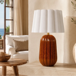 Pepino Ceramic Rust Lamp - White Scallop Linen Shade - White Drum Linen