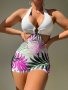 Leaf Print One-piece Swimsuit Ring-linked Halter V Neck Beach Bathing Suits Women's Swimwear & Clothing