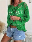 Solid Color V Neck Pullover Sweater Vacation Long Sleeve Cut Out Knitted Sweater For Spring & Summer Women's Clothing
