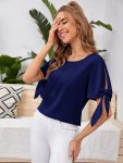 Solid Color Split Sleeve Blouse Elegant Crew Neck Simple Blouse For Spring & Summer Women's Clothing