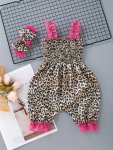 2PCS Baby Jumpsuit Lace Sling Girl Baby Bloomers Fashion Cute Newborn Jumpsuit + Hair Accessories Set Rose Leopard Print Small F