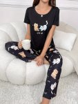 Women's Cute Cat & Letter Print Pajama Set Short Sleeve Round Neck Top & Pants Comfortable Relaxed Fit