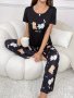 Women's Cute Cat & Letter Print Pajama Set Short Sleeve Round Neck Top & Pants Comfortable Relaxed Fit