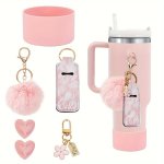 Pink Silicone Water Bottle Boot Cover Set: Includes Lipstick Holder Heart Keychain Charms And Fluffy Pompom - Durable Washable A