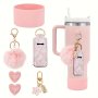 Pink Silicone Water Bottle Boot Cover Set: Includes Lipstick Holder Heart Keychain Charms And Fluffy Pompom - Durable Washable Anti-Slip Accessories For Cup Decoration
