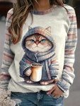 Kitten Print Crew Neck Sweatshirt Casual Long Sleeve Drop Shoulder Sweatshirt Women's Clothing
