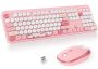 Fogruaden Wireless Keyboard And Mouse Combo Pink Retro Typewriter Keyboard 2.4GHZ Full Size Round Keycap Cute Computer Keyboard With Number Pad Pin